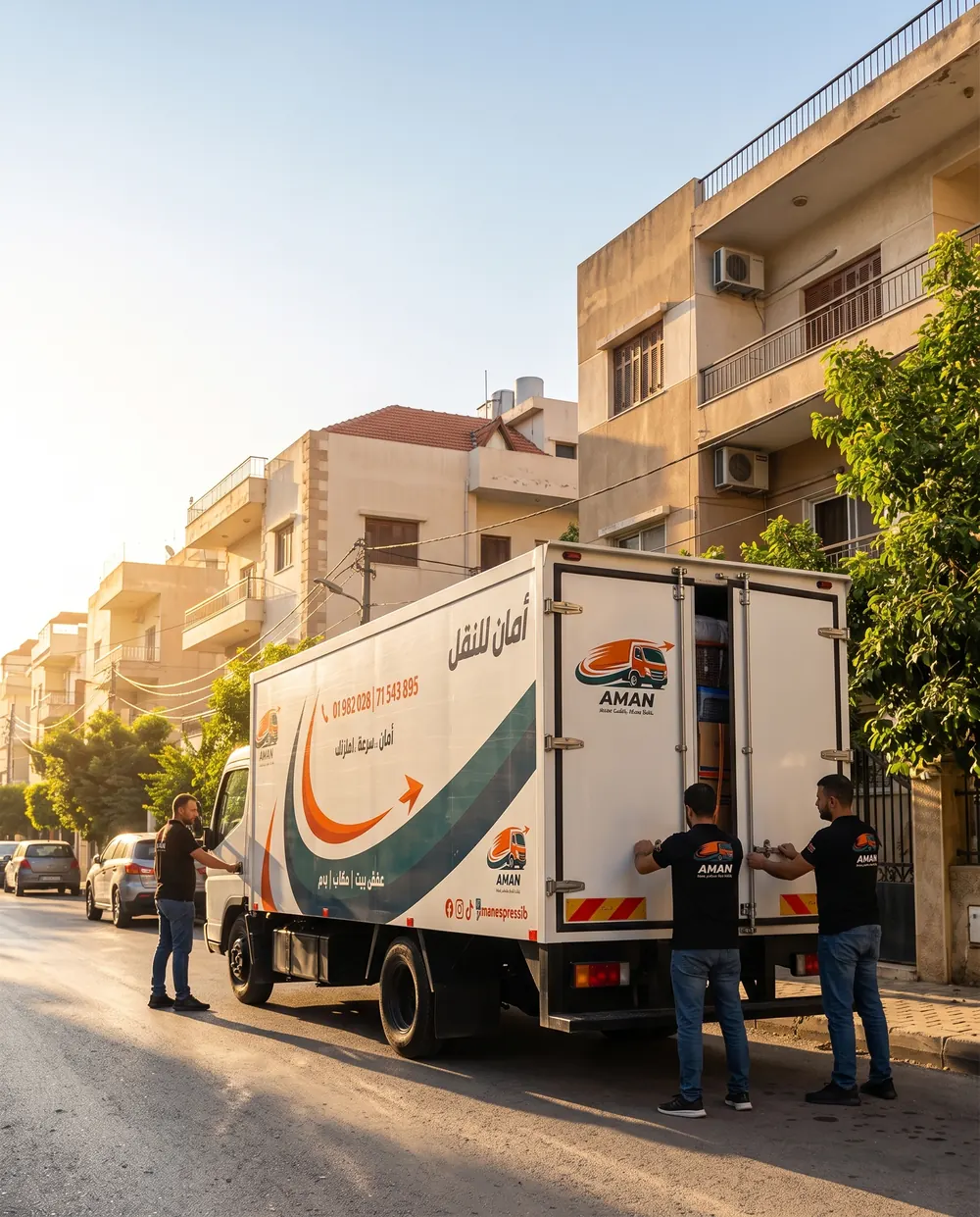 فريق أمان عم يحمّل شاحنة أمان بشارع سكني بلبنان