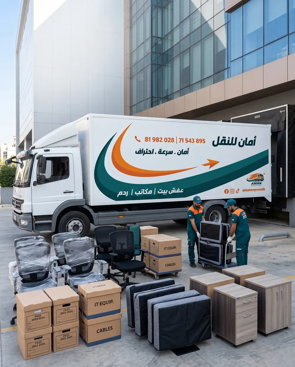 فريق أمان عم ينقل كراسي ومعدات مكتب قدام مبنى شركات