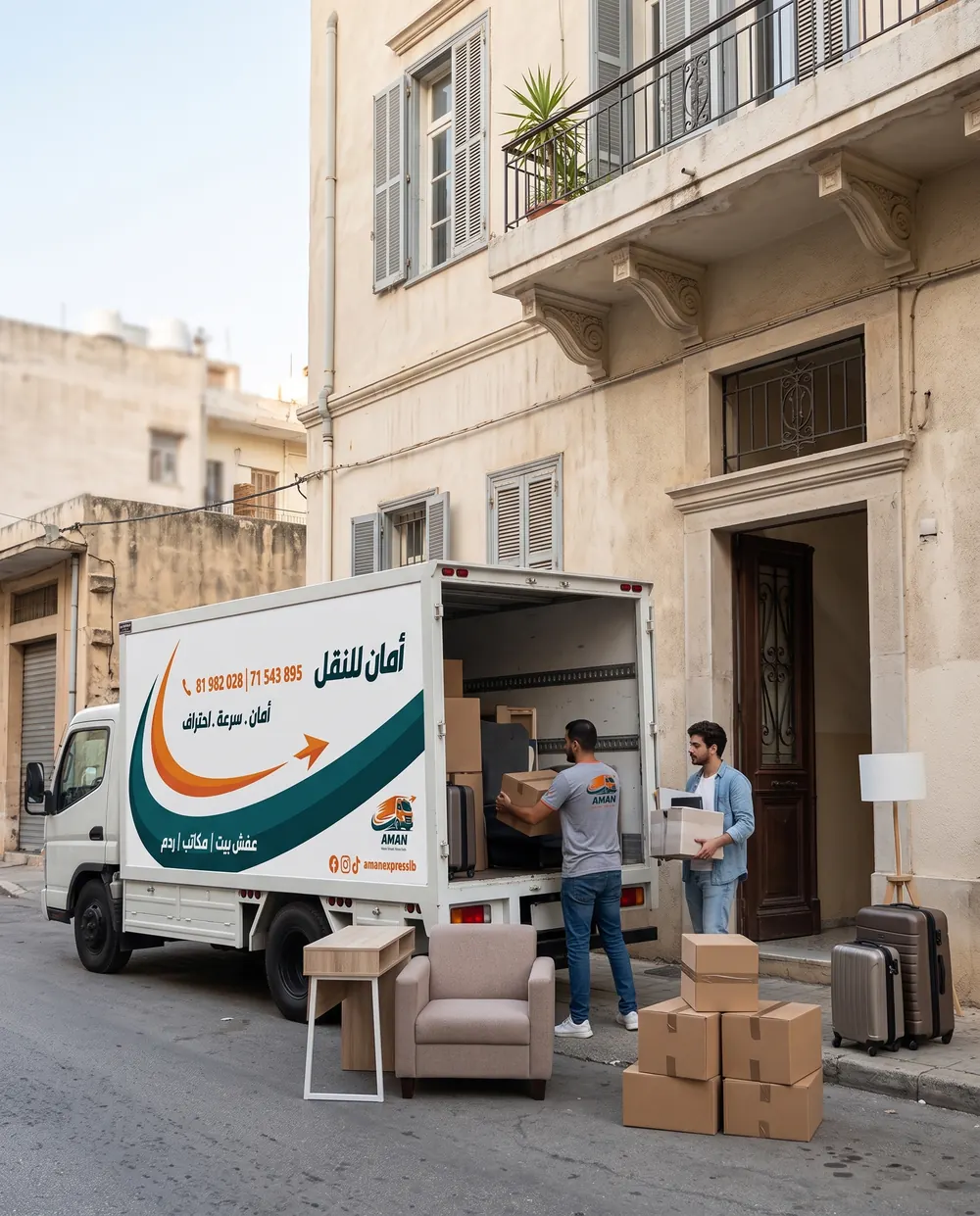 تنزيل كراتين وكنباية قدام مدخل بناية